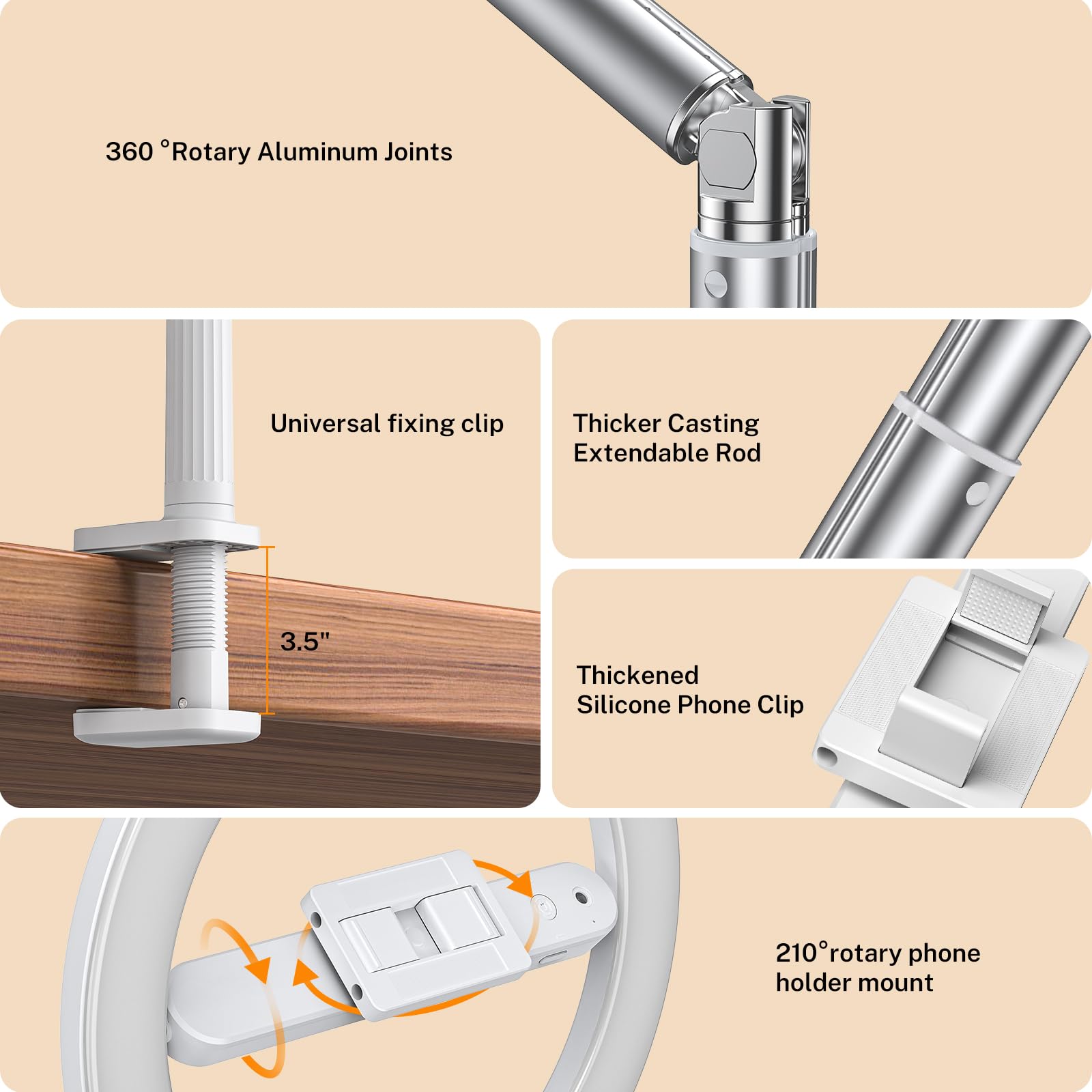 10'' Magic Arm Ring Light With Desk Clamp & Built-In Battery, Overhead Phone Mount Fill Light And Phone Holder Circle Desktop Ar